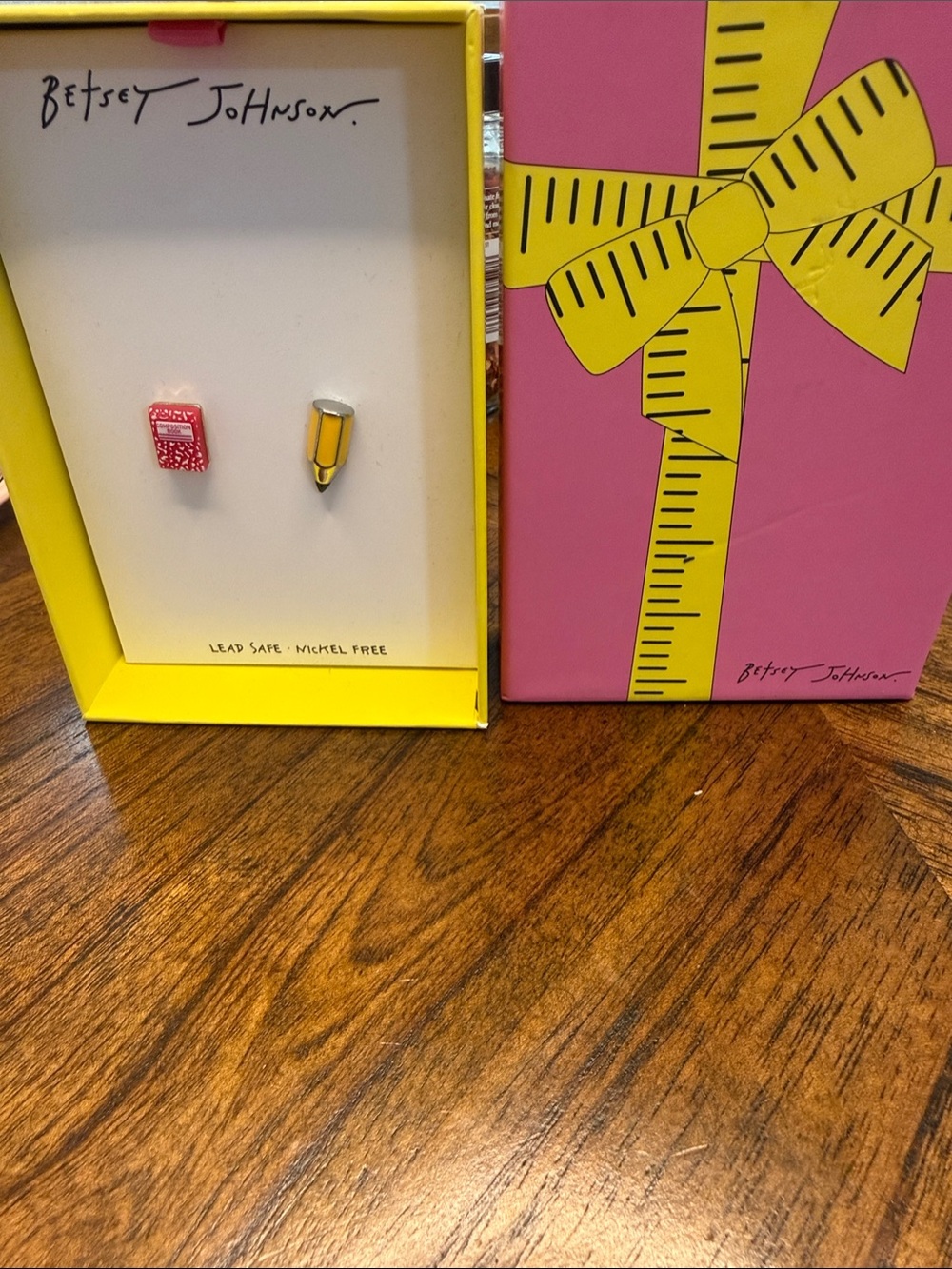 Betsey Johnson Pink & Yellow Pencil and Notebook Enamel Stud Earrings